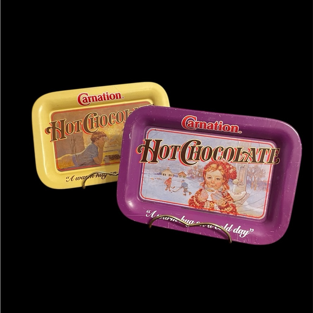 Vintage Carnation Hot Chocolate Small Serving Trays -yellow/purple